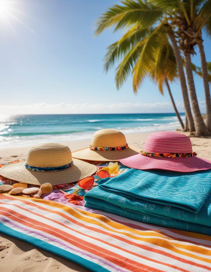 A vibrant beach scene featuring stylish bikini tops and bottoms displayed on colorful beach towels, surrounded by sun hats, sunglasses, and tropical drinks. Include a sunlit ocean in the background with palm trees swaying gently. Capture the essence of summer fun and relaxation. super-realistic. vibrant colors. white background.